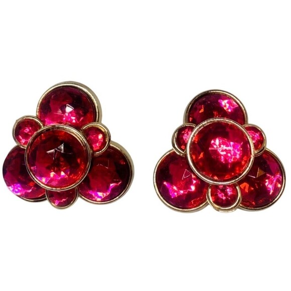 Hot Pink Large Statement Earrings 1.5" Rhinestone Clip On Pop Art Bold - Picture 9 of 14